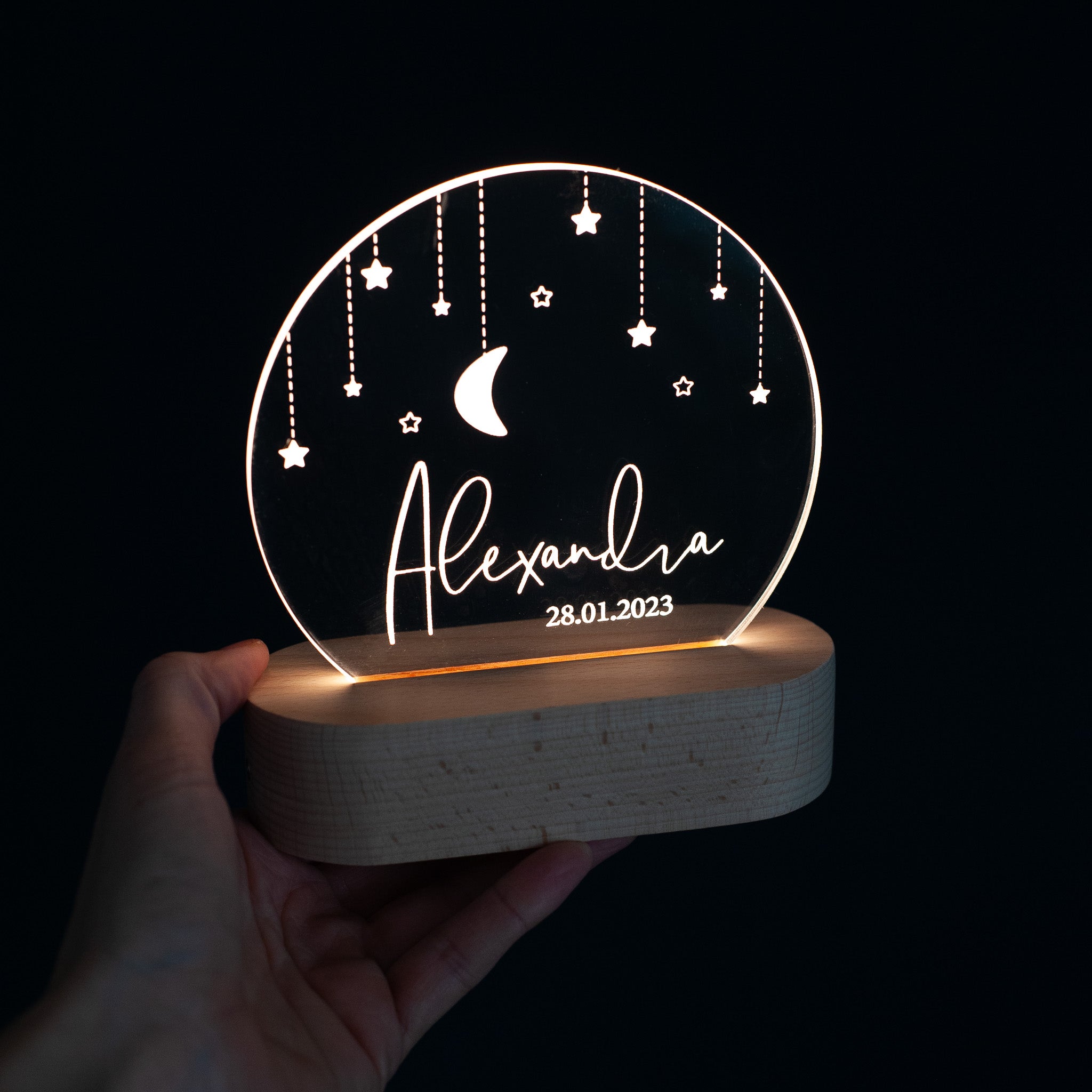 LED Dekolicht "Mond und Sterne" mit Wunschnamen