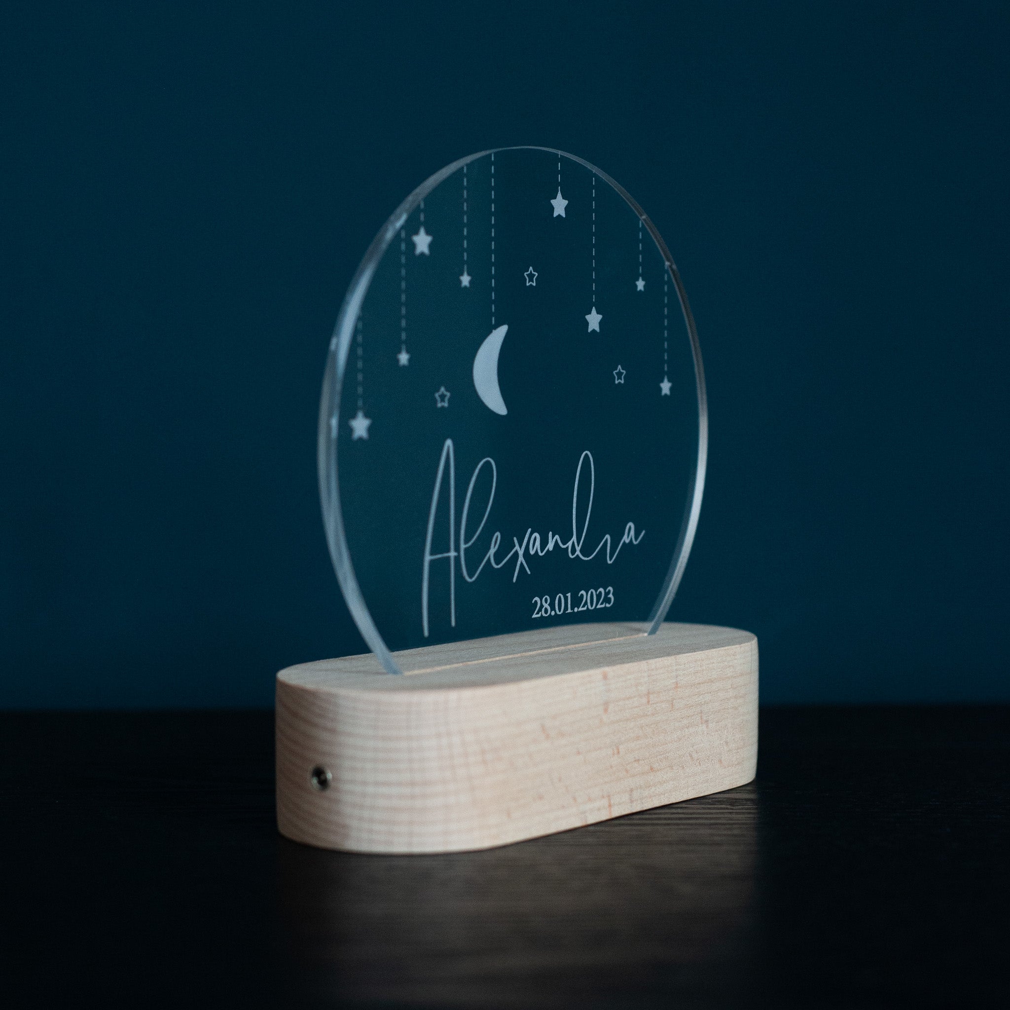 LED Dekolicht "Mond und Sterne" mit Wunschnamen